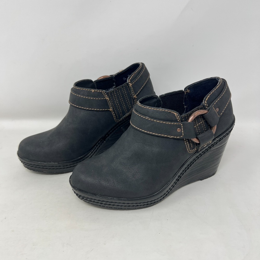 Dr Scholls Womens 6M Blakely Ankle Booties Wedge Heel Black Faux Leather Slip On